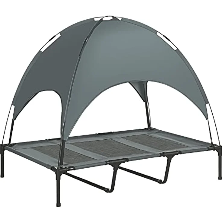 Pawhut Haustierbett mit Baldachin, Erhöhtes Hundebett, Hundeliege Outdoor mit Dach, Atmungsaktiv, Taftstoff Grau 122 x 92 x 108 cm – Bild 1