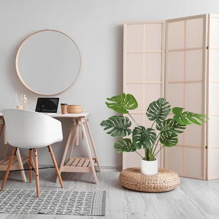 hjh OFFICE Kunstpflanze 90cm Monstera I Künstliche Deko Pflanze im weißen Topf, Tropischer Kunstbaum für Zuhause Büro, 8 Blätter – Bild 2