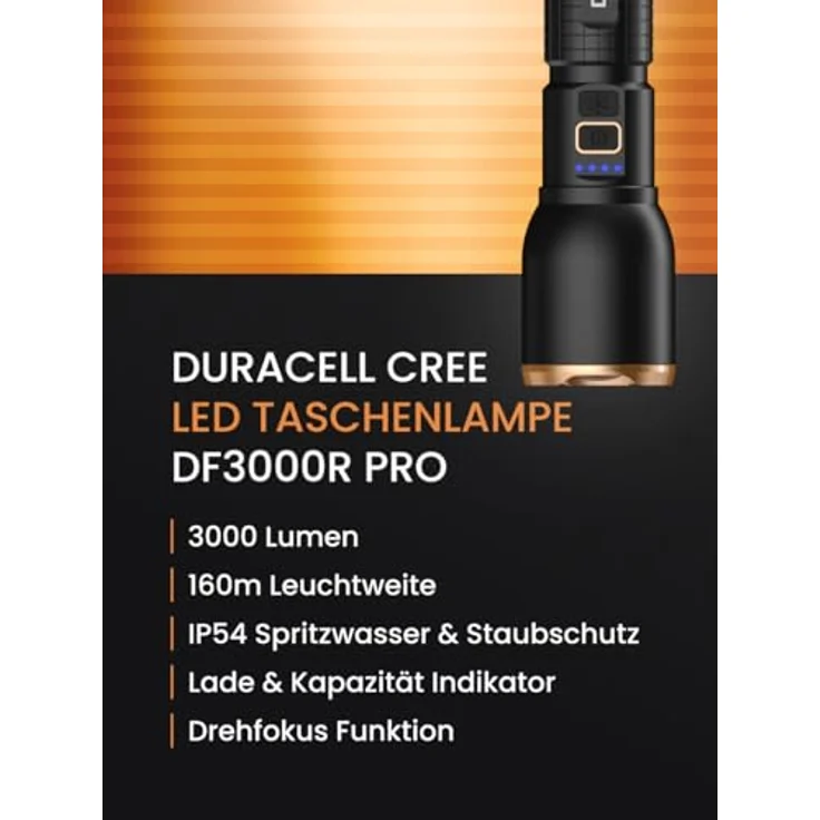 Duracell DF3000R Pro LED Taschenlampe – 3000 Lumen, fokussierbar, 160m Leuchtweite, USB-C wiederaufladbar, 21700 Li-Ion Akku, spritzwassergeschützt, inklusive Geschenkbox – Bild 2