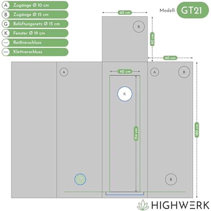 HIGHWERK Growzelt 60 x 60 x 180 cm, Indoor Grow tent für Homegrow, lichtundurchlässig, schwarz-grün, mit hochreflektierender Diamond Beschichtung – Bild 2