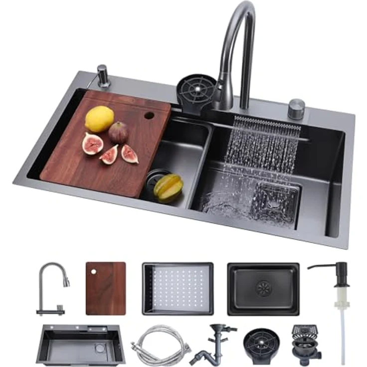 VEVOR Einbauspüle 850 x 460 x 236 mm, Edelstahlspülbecken mit PVD-Nano-Schwarzbeschichtung, Wasserfallarmatur & Schneidebrett, Einzelbecken für Wohnmobil, Vorbereitungsküche, Waschküche & Bar – Bild 1