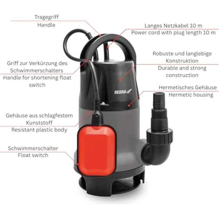 dedra Tauchpumpe, Kunststoff 900W für sauberes und schmutziges Wasser – Bild 6