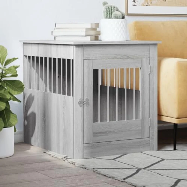 vidaXL Hundekäfig im Möbelstil, Abschließbar Hundebox mit Tür, Hundehütte Beistelltisch 2-in-1-Funktion, Grau Sonoma Holzwerkstoff 64,5x80x71cm – Bild 2