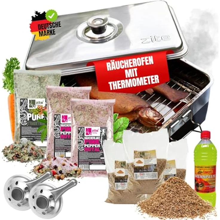 Zite Räucherofen Edelstahl XXL Set, Tischräucherofen mit Thermometer, Brennpaste und Zubehör, für Fisch und Fleisch, tragbar und sofort einsatzbereit – Bild 1