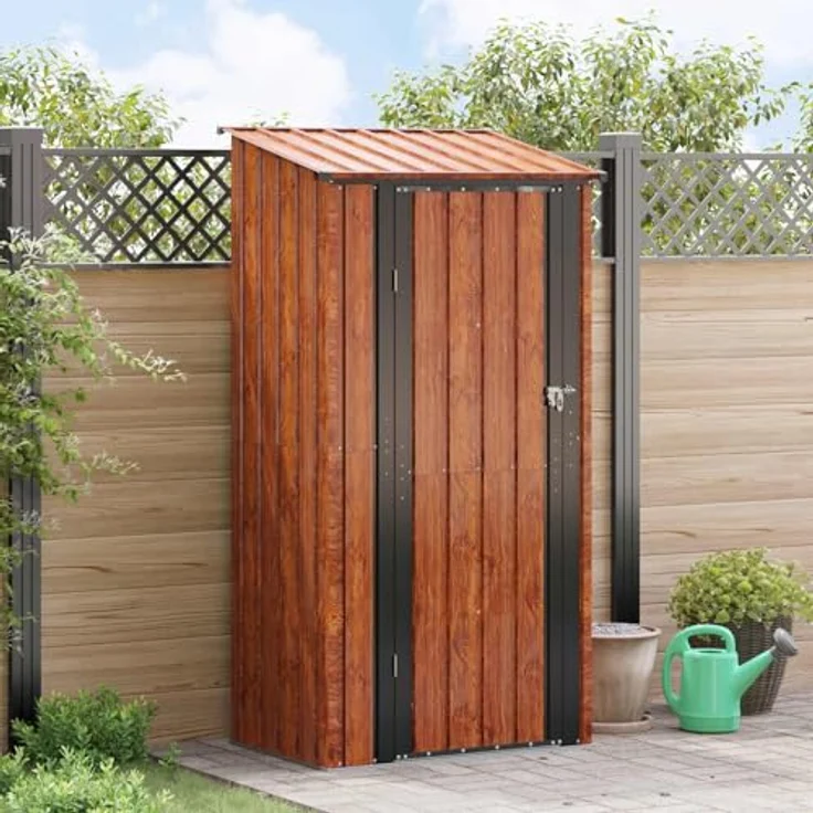 vidaXL Gartenhütte Braun 103 x 74 x 200 cm, wetterfeste Metallhütte mit viel Stauraum für Gartenwerkzeuge und Zubehör – Bild 2