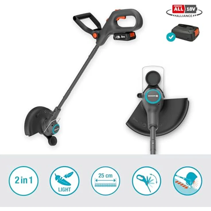 Gardena EasyTrim 25/18 V Set, Akku-Trimmer mit 25 cm Schnittkreisdurchmesser und automatischer Fadenverlängerung, leicht und ergonomisch – Bild 2
