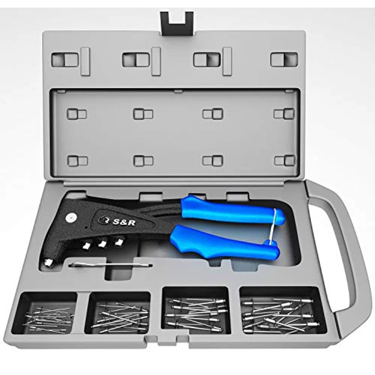 S&R Blindnietzangen-Set mit 60 Nieten: 2,4 mm, 3,0/3,2 mm, 4,0 mm, 4,8/5,0 mm Nietzange in Werkzeugbox, Alu-Nieten, ergonomische Griffe – Bild 1