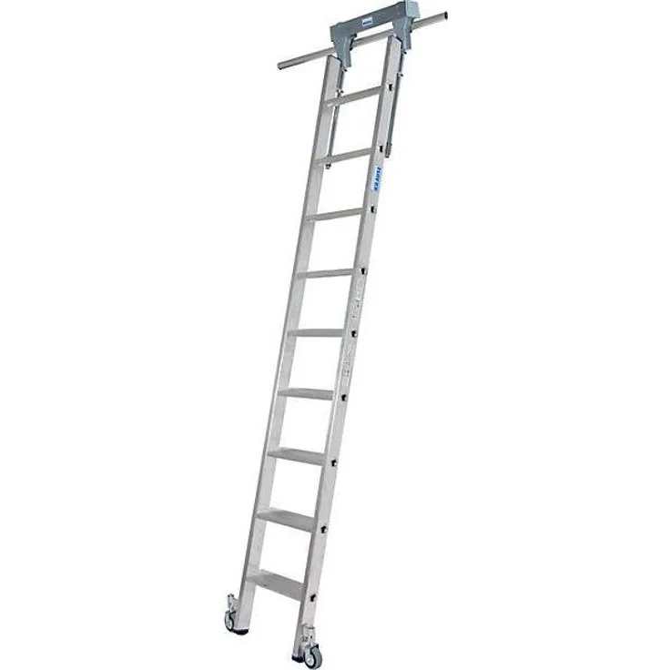 Kaiserkraft Stufen-Regalleiter, 245 cm mit 9 Stufen, hohe Stabilität und platzsparender Parkposition