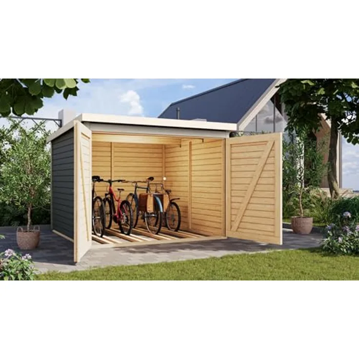 CHILLROI® Karibu Fahrradgarage aus nordischer Fichte für 4 Fahrräder – Wetterfest, 4,6 m² Grundfläche, inkl. Halterungen & Aufbauzubehör – Terragraue-Optik