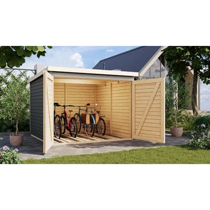 CHILLROI® Karibu Fahrradgarage aus nordischer Fichte für 4 Fahrräder – Wetterfest, 4,6 m² Grundfläche, inkl. Halterungen & Aufbauzubehör – Terragraue-Optik – Bild 1