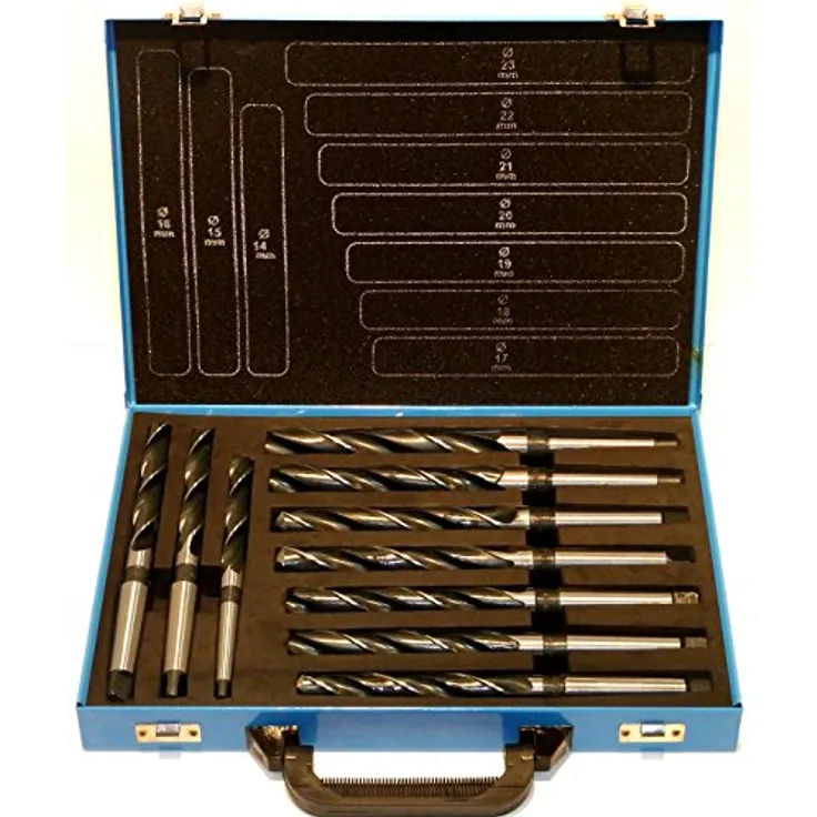 PeTools Spiralbohrer 10 tlg. HSS Konus-Bohrer, Stahlbohrer 14-23mm, Morsekegel MK MK1, MK2, DIN345, dampfangelassene Oberflächenbehandlung