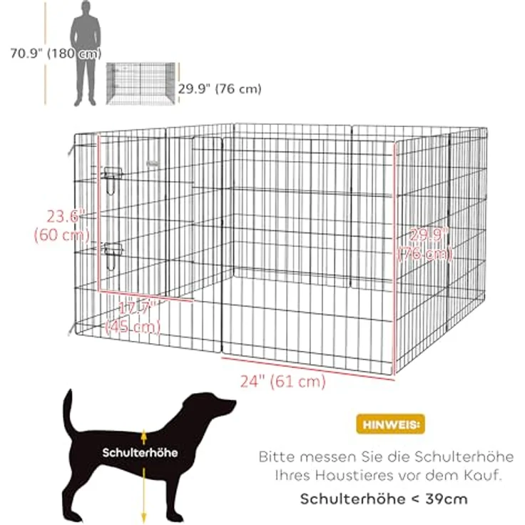 PawHut Welpenauslauf 76 cm Hoch, 8-TLG Welpenlaufstall mit Schloss, DIY Freilaufgehege Hundelaufstall für mittelgroße Hunde, Meerschweinchen, Kaninchen, Metall, Schwarz – Bild 5