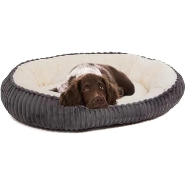 Wallace & Jones Hundebett Cameron | Ovaler Hundekorb für mittelgroße Hunde | Flauschiger anthrazit-beiger Hundekorb rutschfest | Größe M 75 x 55 x 20 cm
