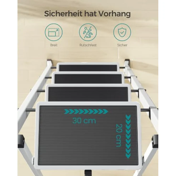 SONGMICS GSL004WZ01 Trittleiter, Klapptritt mit 4 Stufen, bis 150 kg belastbar, weiß, rutschfeste Trittflächen, Klappsicherung – Bild 5