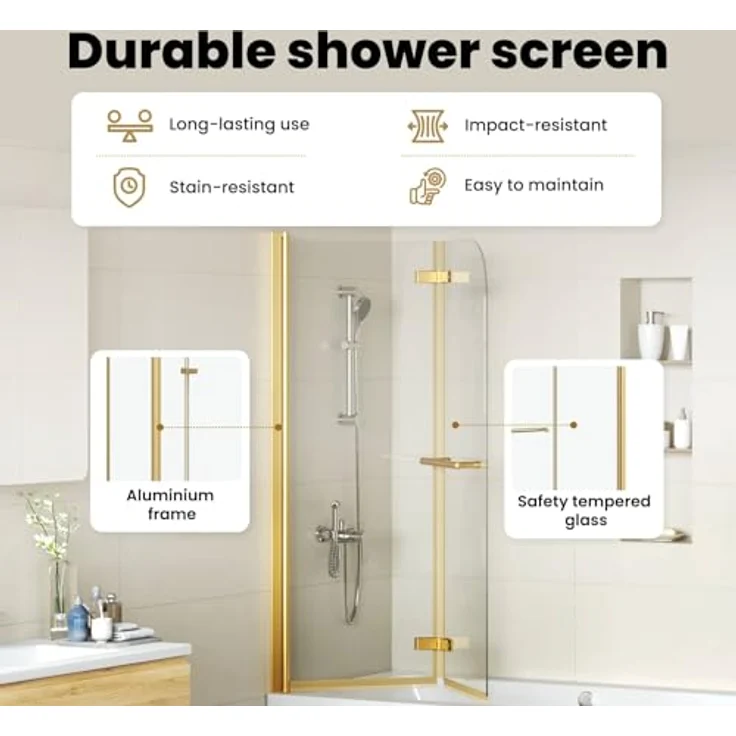 vidaXL Duschabtrennung Transparent und Gold, 95 x 140 cm, faltbar, aus Sicherheitsglas und Aluminium, breitenverstellbar, drehbar – Bild 4