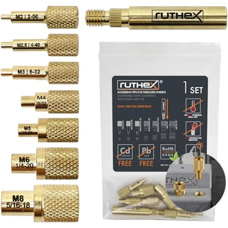 ruthex 7x Lötspitzen/Einschmelzhilfe Set, Lötkolbenspitzen für M2 bis M8 Gewindeeinsätze mit Adapter 900M/T18, schnelles Wechseln, präzise Geometrie, kompatibel mit vielen Lötkolben