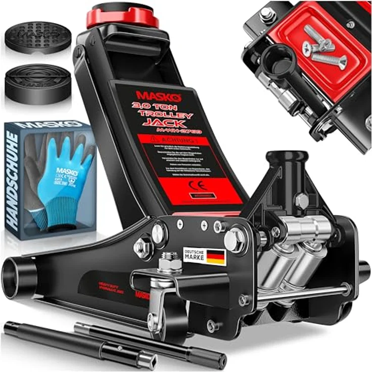 Masko Wagenheber hydraulisch mit flacher Hubhöhe, 2x Gummiauflage, Handschuhe - 3 Tonnen, schwarz – Bild 2