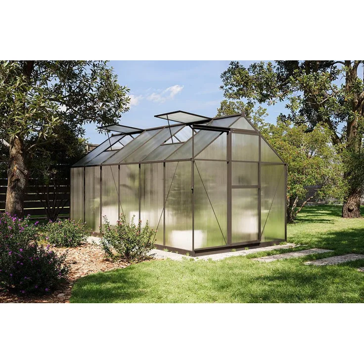 OUTFLEXX Gewächshaus Verde, Premium Gewächshaus aus Aluminium und Polycarbonat, schwarz, 358 x 183 x 200 cm, mit Schiebetür und 2 Fenstern