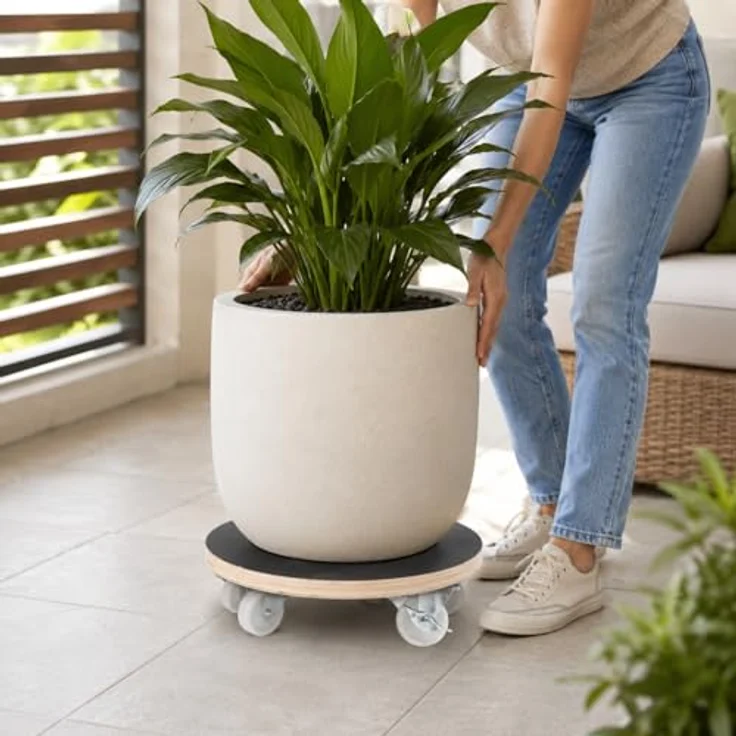 Green>it Home It® Pflanzenroller, 30 cm rund aus Holzoptik, 150 kg Tragkraft, 4 Rollen (2 mit Bremse), nachhaltiges Material – Bild 6