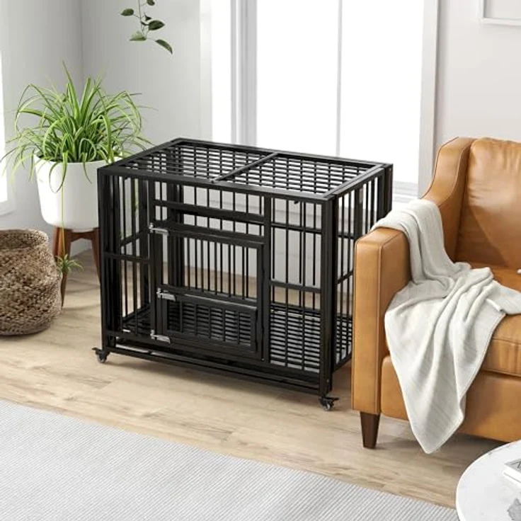 PawHut HundehГјtte Hundebox, Stahl, Schwarz, zusammenklappbar, mit großer TГјr und UniversalrГ¤dern, 94L x 58B x 78H cm – Bild 2