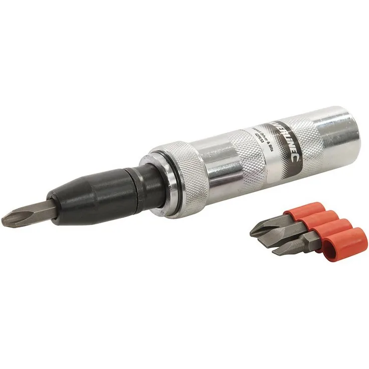 Silverline Schraubendreher Schlagschrauber mit Bits Set 5-tlg. - Komplett umkehrbar, 1/2-Zoll-Vierkantaufsatz, abnehmbarer 8-mm-Bithalter, inkl. Metallkassette, 4 Bits in Schlitz und Kreuzschlitz