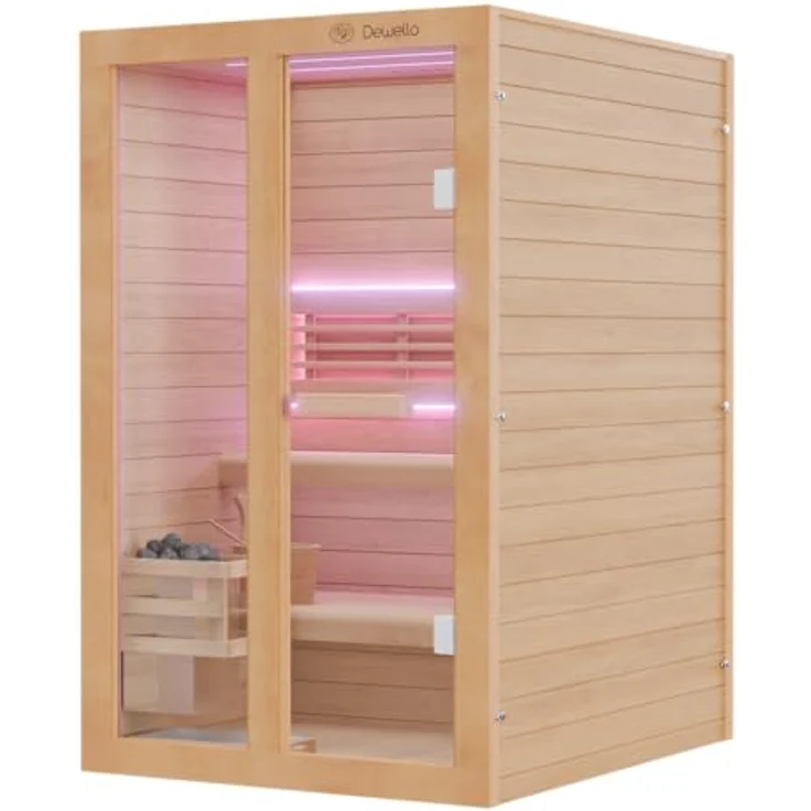 Dewello Sauna TOFINO 120x140 Finnische Sauna, 2 Personen, Saunaofen Harvia 3,5KW, Hemlockholz, BxTxH: 120 x 140 x 190 cm – Bild 3