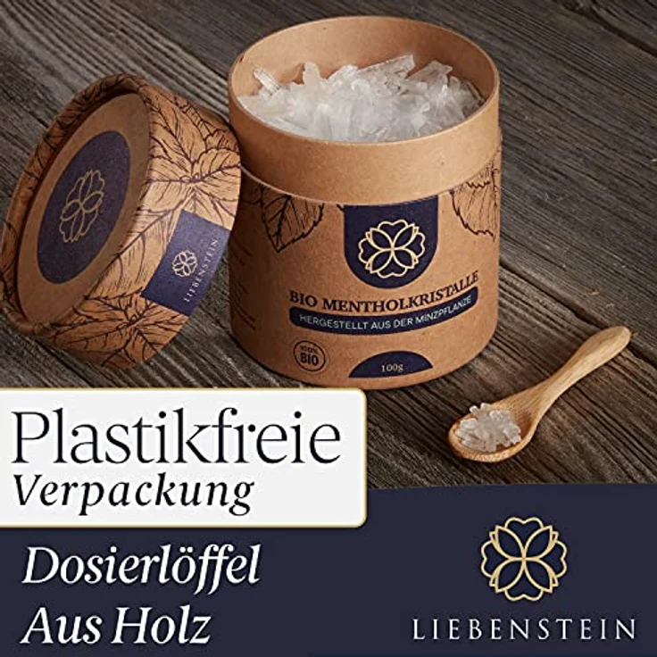 Liebenstein BIO Mentholkristalle, 100g - nachhaltige Verpackung, Holzdosierlöffel, 100% reine Minze, langanhaltendes erfrischendes Aroma – Bild 4
