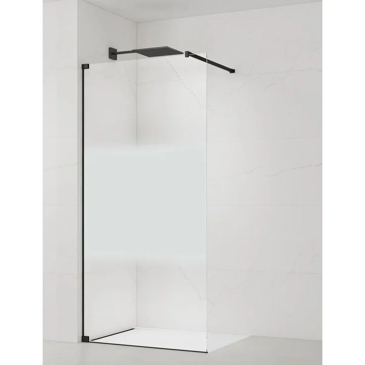 Swiss Aqua Technologies Walk-In Duschtrennwand SATBWI140MPPRC, 140 cm, 8 mm Sicherheitsglas mit Milchglas-Steifen, schwarze Profile, Easy Clean