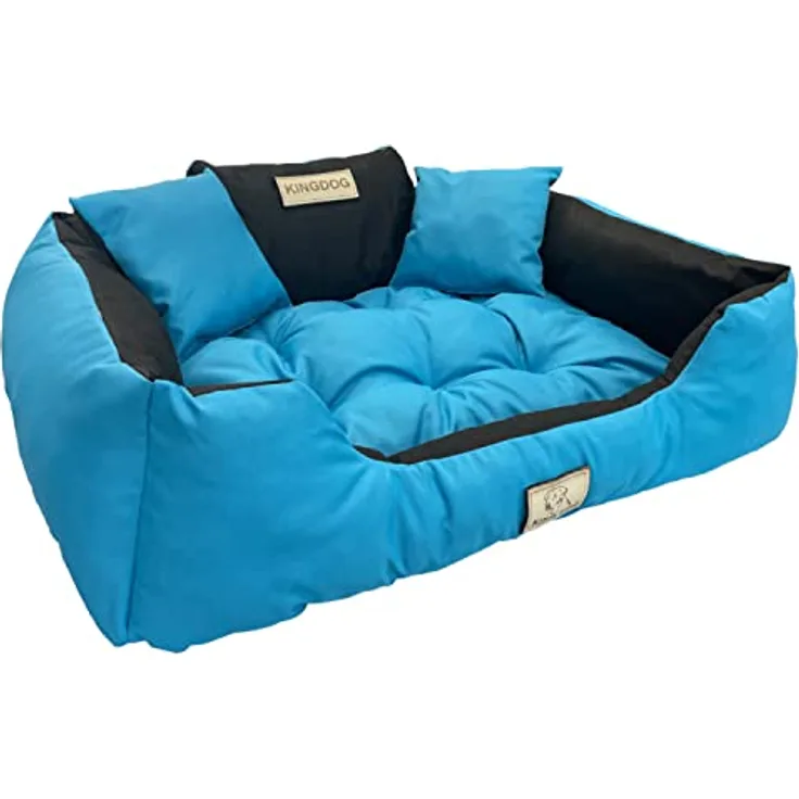 KingDog Hunde- und Katzenbett mit Zwei Kissen Hundekissen Hundekorb Haustierbett Waschbar Wasserdichtes PVC-Material (M 75x65cm, Blau)