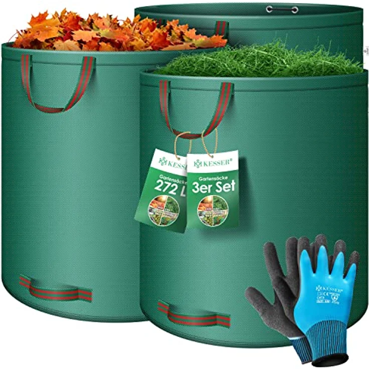 KESSER® Gartensack 3x 272L Set Laubsack Gartenabfallsack inkl. Handschuhe - Selbststehend 4 Griffe Stabil Robust & Faltbar - Rasenschnitt für Gartenabfälle Grünschnitt Grün – Bild 1