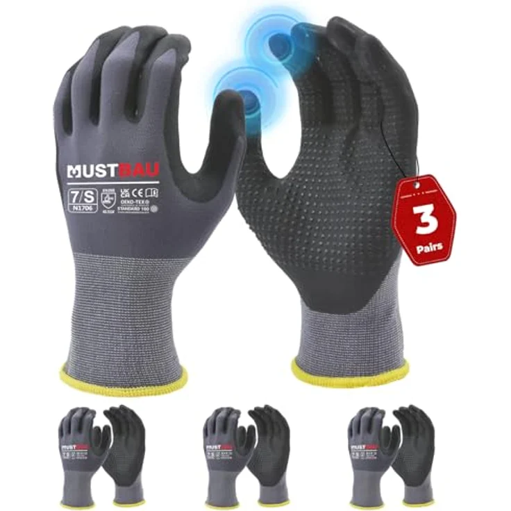 Mustbau Arbeitshandschuhe Schwarz mit Touchscreen, Herren Handschuhe mit Nitril Beschichtung, Gr. S, 3 Paare – Bild 1