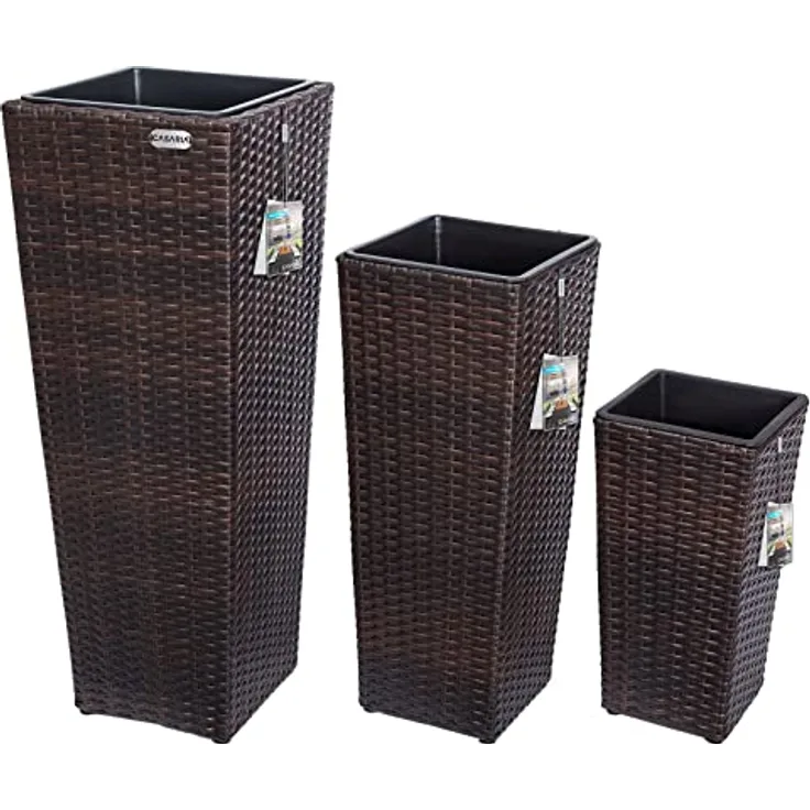 Casaria® Blumentopf 3er Set Polyrattangeflecht Übertopf Wasserabfluss Rattanoptik Outdoor Pflanzkübel Blumenkasten Braun