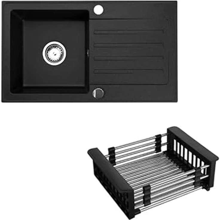 Faizee Möbel Granitspüle 76x44+Spülkorb (Armatur wählbar) - Schwarz, Einbauspüle mit Abtropffläche – Bild 1
