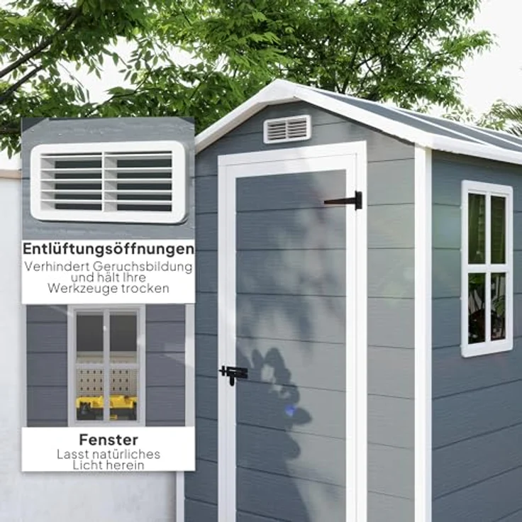 Outsunny Gerätehaus 2,1m², Wasserdichtes Gartenhaus mit Pultdach, Abschließbarer Tür und Aluminiumrahmen, Grau – Bild 5