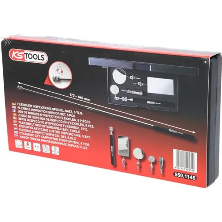 KS Tools Flexibler Inspektions-Spiegel-Satz 5tlg., Teleskop-Haltegriff 172-640 mm, 3 flexible Spiegel, Magnet bis 3,6 kg, inkl. 3 LR44 Batterien in Kunststoffbox – Bild 6