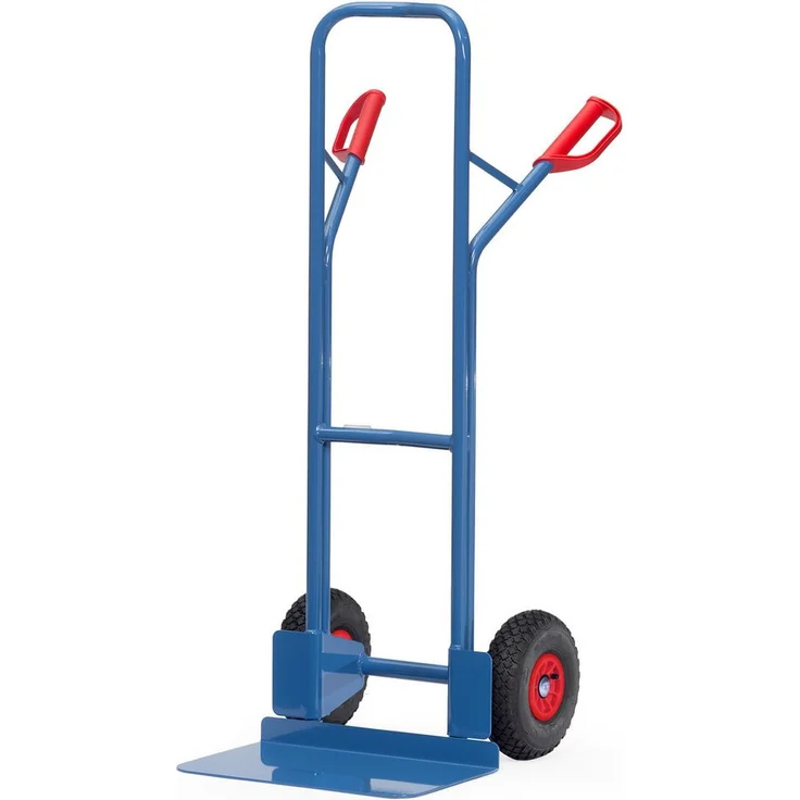 FETRA Sackkarre Stapelkarre B1326L, Stahlrohr-Stapelkonstruktion mit Stahlblechschaufel, pulverbeschichtet in blau, mit Sicherheitsgriffen und Luftbereifung.