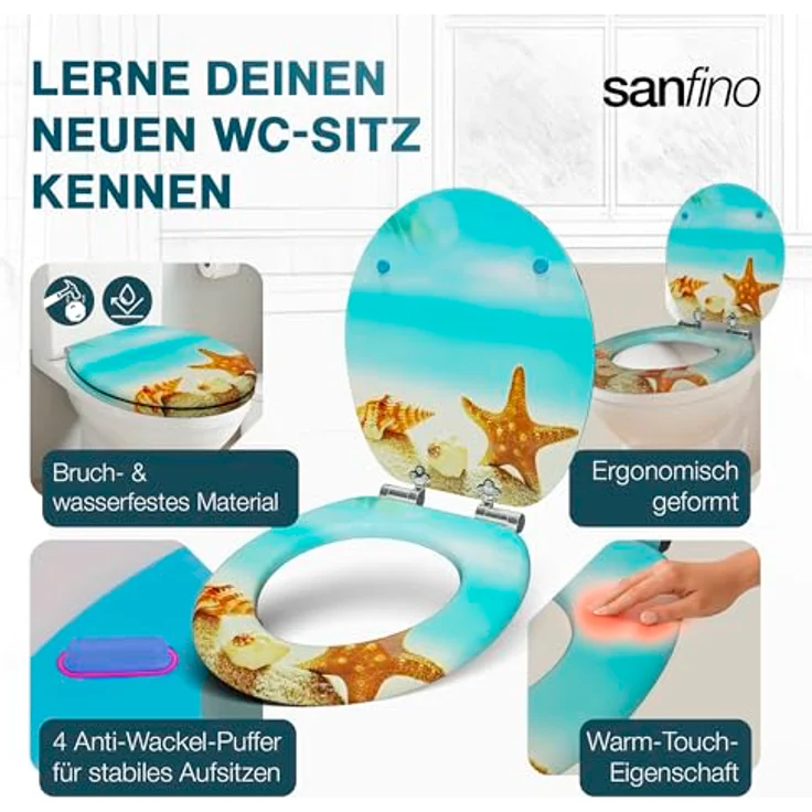 Sanfino WC Sitz Seastar Beach, Toilettendeckel aus Holz mit Absenkautomatik, hellblau, 43,5 x 37,5 cm – Bild 5