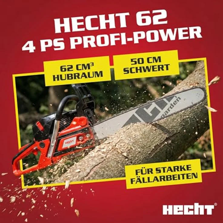 HECHT Kettensäge Benzin 62, 4 PS Motorsäge mit 50 cm Schwertlänge und verstellbarer Kettenölung – Bild 2