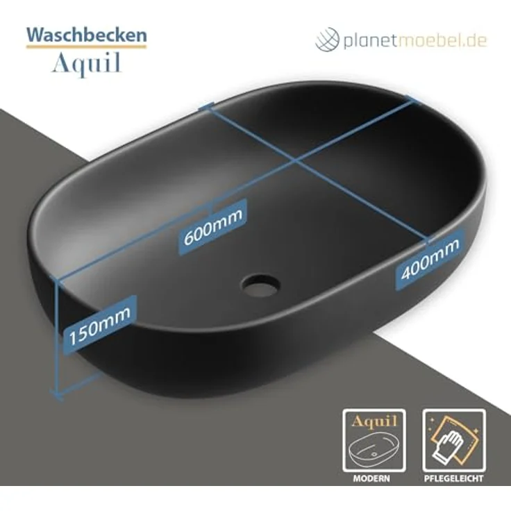 Planetmöbel Aquil Deluxe Waschbecken Oval | Aufsatzwaschbecken für Badezimmer und Gäste-WC | Handwaschbecken ohne Hahnloch und Überlauf | Schwarz matt, 60 x 40 x15 cm – Bild 2