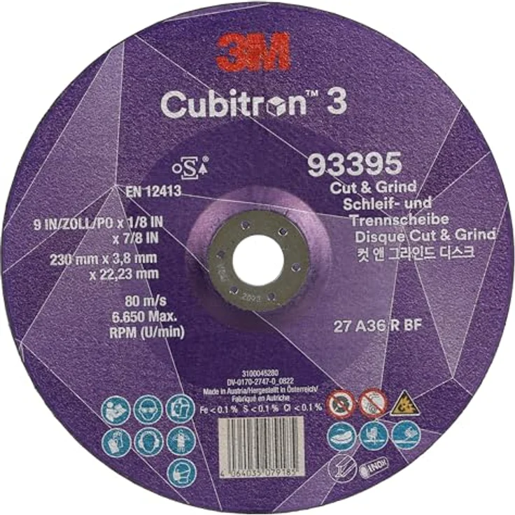 3M Cubitron 3 Cut and Grind Schruppscheibe, 93395, 36+, T27, 230 mm x 3,8 mm x 22,23 mm, EN, 10/Pack, 20 Stück/VE – Bild 1