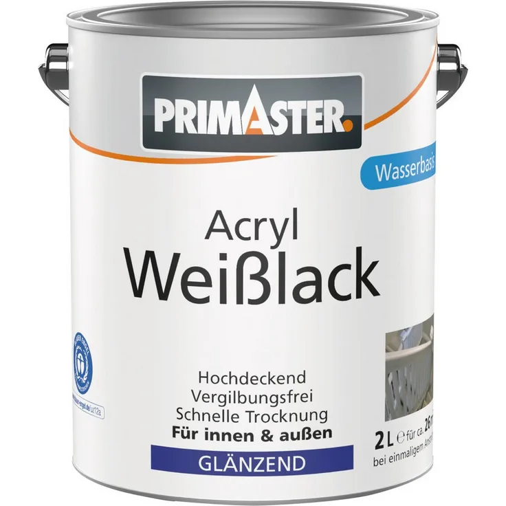 Primaster Acryl Weißlack glänzend, 2 L, für innen & außen, hervorragende Deckkraft, wasserbasiert, weiß