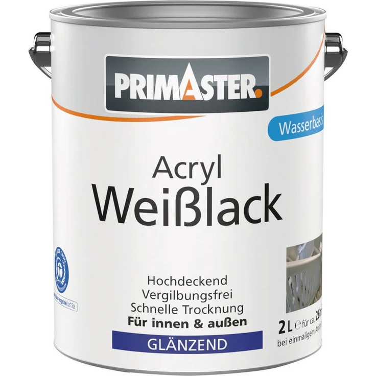 Primaster Acryl Weißlack glänzend, 2 L, für innen & außen, hervorragende Deckkraft, wasserbasiert, weiß
