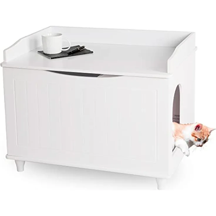 WONDERMAKE® Katzenschrank für Katzentoilette groß aus Holz, Katzenklo-Schrank Kommode XL, Design Katzen-Haus Toilette Klo Waschbecken-Unterschrank für Bad, 73,5 x 51,5 x 57 cm, weiß