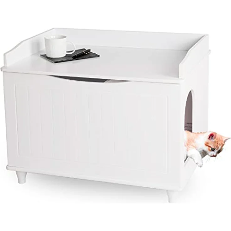 WONDERMAKE® Katzenschrank für Katzentoilette groß aus Holz, Katzenklo-Schrank Kommode XL, Design Katzen-Haus Toilette Klo Waschbecken-Unterschrank für Bad, 73,5 x 51,5 x 57 cm, weiß – Bild 1