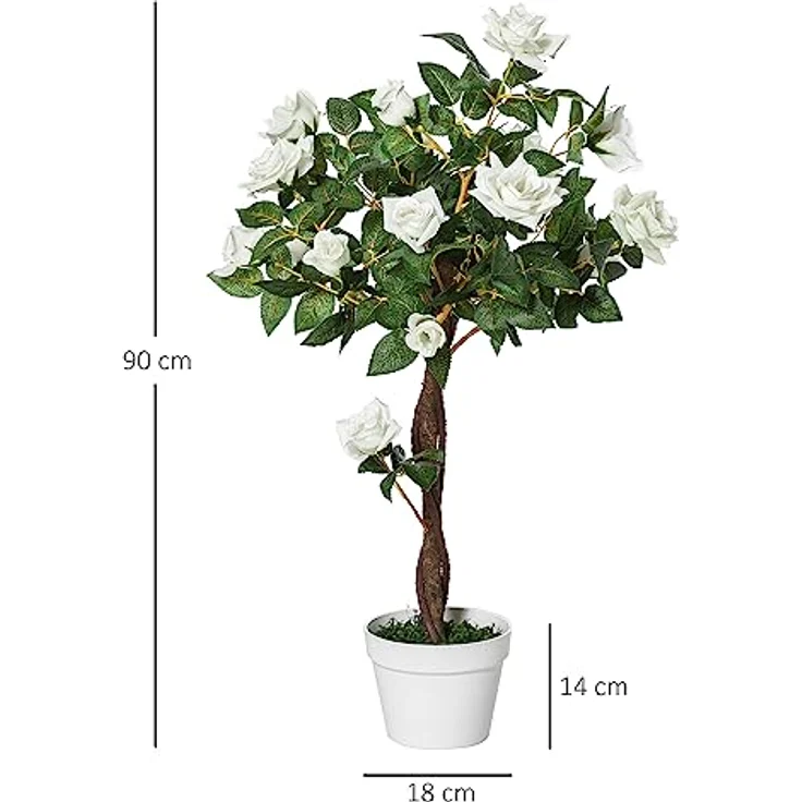 Outsunny Kunstpflanze groß 90 cm Rosenbaum im Topf, künstliche Pflanze, Weiß, für moderne Dekoration ohne Pflegeaufwand – Bild 5