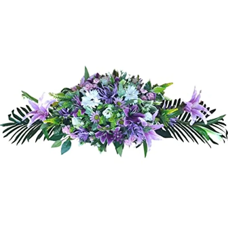 DRW Kunstblumenzentrum Friedhof, Heilige, stehende Jubiläen, Lila Malve und Weiß (Zentrum flach 120 x 42 x 32 cm)