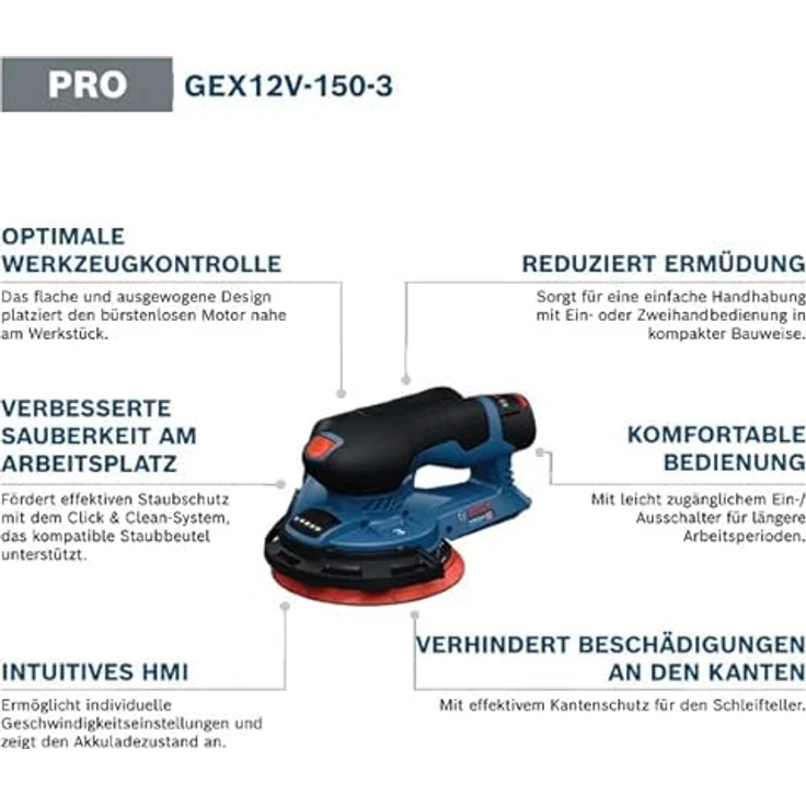 Bosch Professional GEX 12V-150-3, Akku-Exzenterschleifer mit bürstenlosem Motor, ergonomischer Bauweise und effizienter Staubabsaugung – Bild 2