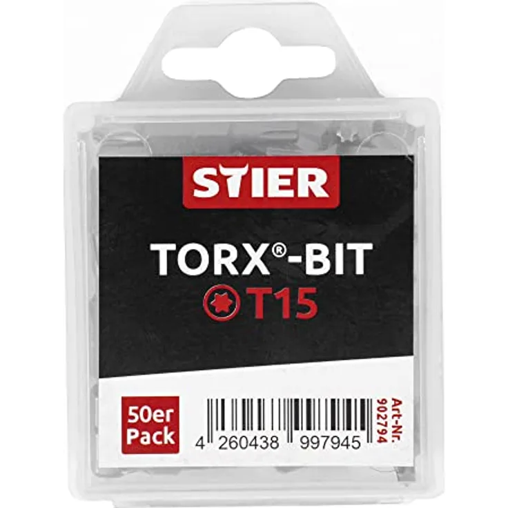 STIER TORX-Bit-Großpackung T 15, 50 Profi-Bits, 25 mm Länge, S2-Stahl, praktische Plastikbox, vielseitig einsetzbar