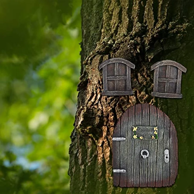 Relaxdays Feentür Garten, 3-teilig, Feenfenster, Baumstamm Deko, wetterfest, Baumdeko zum Aufhängen, Fairy Door, braun - Preisvergleich – Bild 2