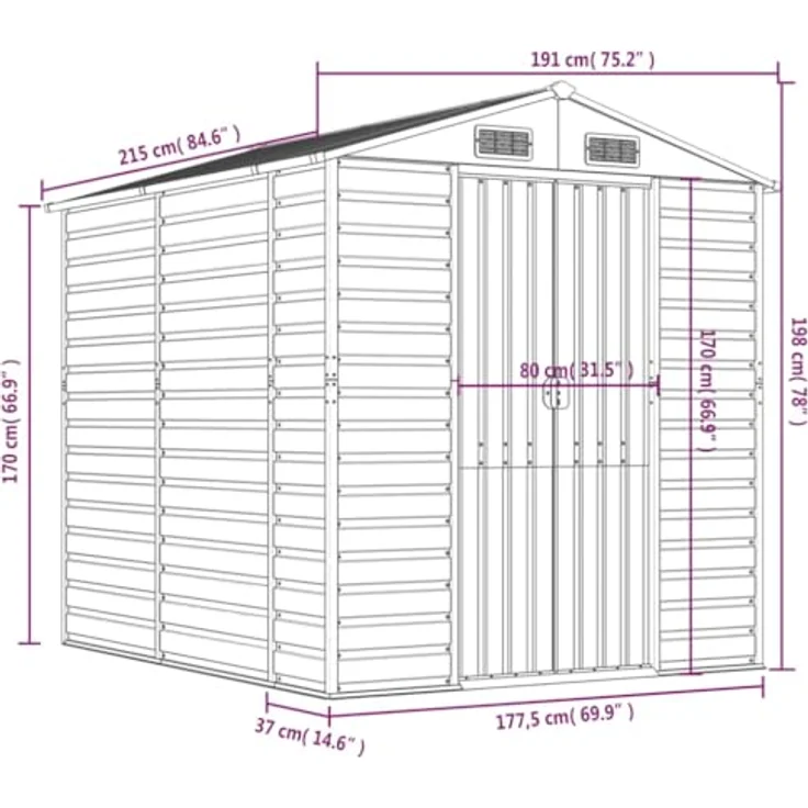 vidaXL Gerätehaus, Gartenhaus mit Schrägdach Griffe, Gartenschuppen Schuppen mit Stauraum, Geräteschuppen Metallschuppen, Braun 191x215x198 cm Verzinkter Stahl – Bild 4